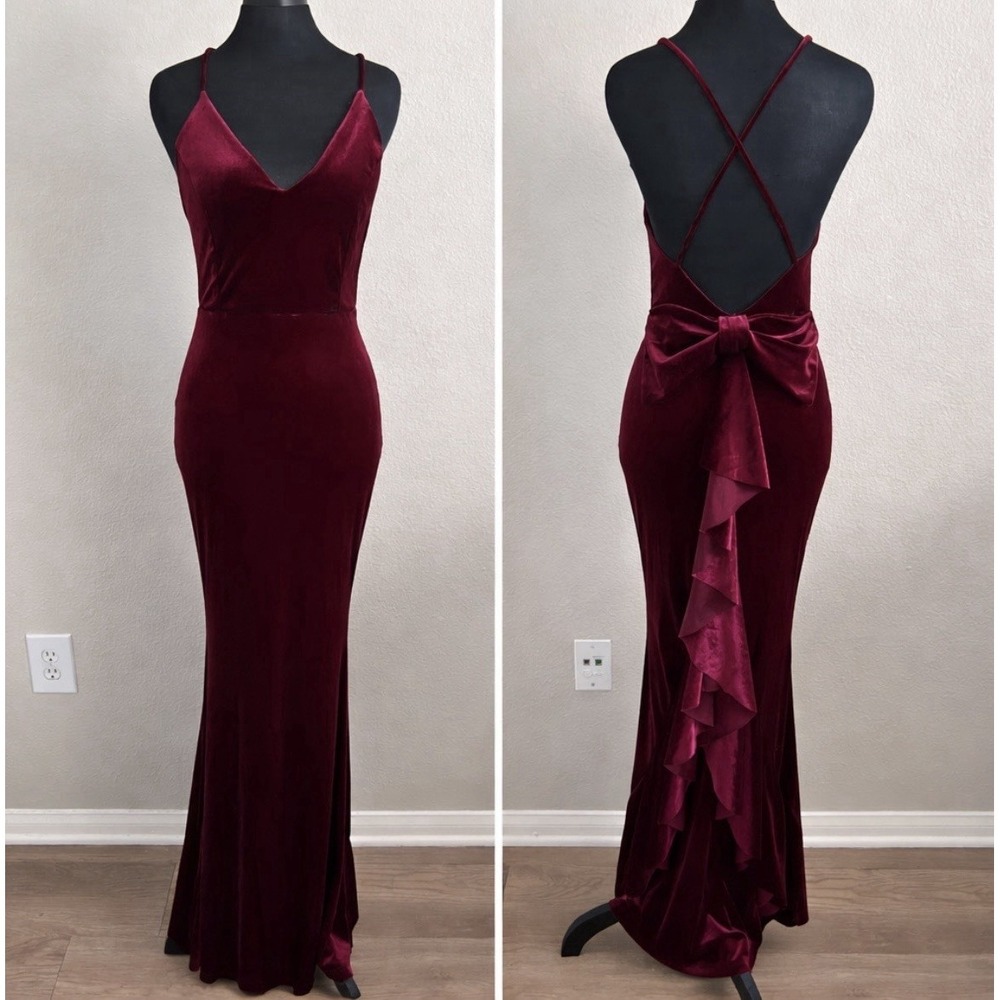 Burgundy Velvet Maxi Gown Open Back Bow Formal Evening Dress Bodycon Small Prom